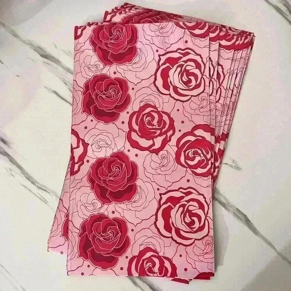 10 6x9 self adhesive poly mailers red and pink florals throughout